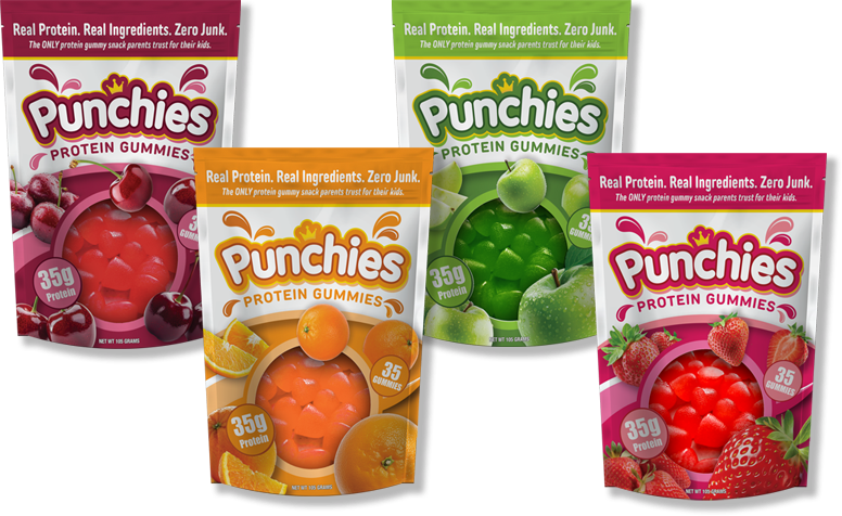 Punchies Fruit Gummies full line-up of flavors: strawberry, cherry, green apple, and orange.